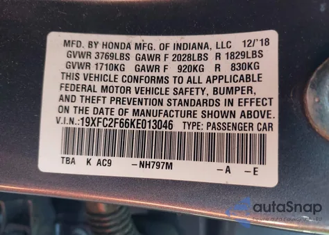 2019 Honda Civic Lx from USA, damaged, VIN 19XFC2F66KE013046